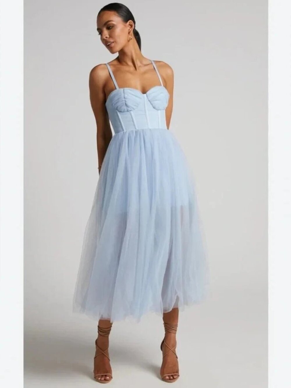 NWT Showpo Aisha Tulle Midi Corset Dress Sz 0 Ice Blue Balletcore Tulle